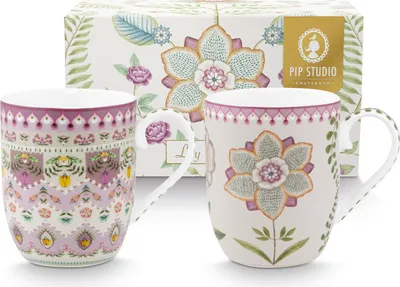 Produktbild von PiP Studio Tassenset, Lily&Lotus, 2-teilig, 145ml, Porzellan, Flieder Lila Multi, spülmaschinen-, mikrowellen- & ofenfest, mit Lilien, Lotusblättern und Löwenzahn, im Geschenkkarton