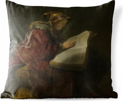 Produktbild von MuchoWow® Outdoor Kissen - Alte Frau liest Prophetin Hanna - Rembrandt van Rijn - 50x50 cm - Wetterfest - Lounge Kissen - Komfortabel - Kissen mit Bild