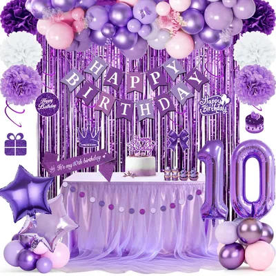 Produktbild von Dekorationsset 10. Geburtstag, lila Girlande, Luftballons, Pompons, Prinzessinnenparty Zubehör