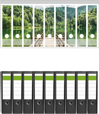 Produktbild von Wallario 9 Stück breite Ordner inkl. Klebeetiketten mit Motive Steg am See in den Bergen -  Set mit Rückenschildern / Ordnerrücken Stickern