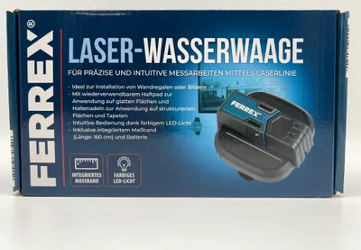 Produktbild von Laser-Wasserwaage mit 160 cm Maßband, wiederverwendbarem Haftpad und Haltenadeln für Wandregale und Bilder
