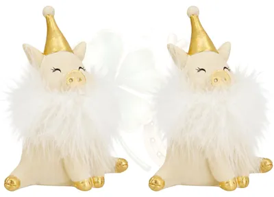 Produktbild von Glücksschwein Figuren 2er Set Weiß-Gold mit Federkragen, 8 cm
