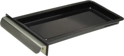 A black drip tray with a silver handle, isolated on a white background.