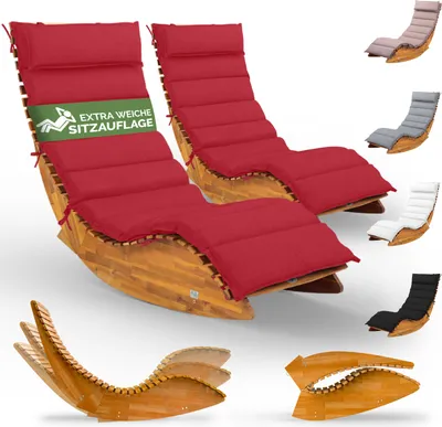 Image de CASARIA® 2x Chaise longue à bascule JAVA avec housse rouge bois d'acacia certifié FSC® pliable transat jardin Sauna Capacité de charge 160kg