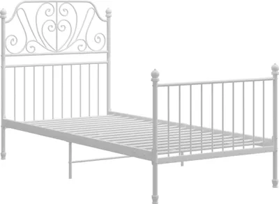 A white metal bed frame with a decorative headboard and footboard, shown against a white background.
