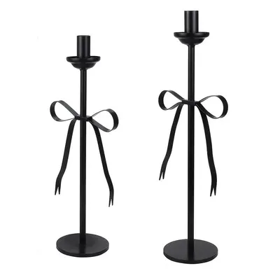 Produktbild von Kerzenhalter Set Schwarz 2er, Metall Kerzenständer mit modernem Schleifen Design, Hohe Tafelkerzenhalter Deko