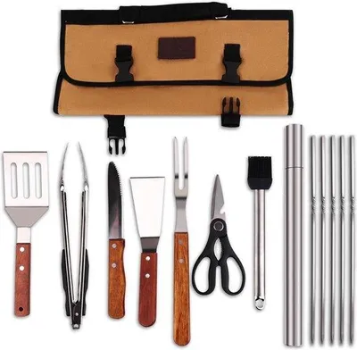 Produktbild von Famanu Grillbesteckset 25-teilig aus Edelstahl mit Holzgriffen und Tragetasche - für BBQ und Teppanyaki