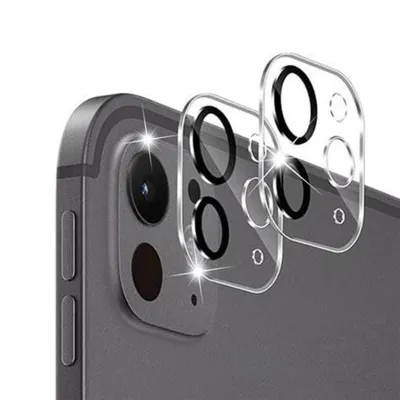 A close-up shot of two clear camera lens protectors placed over the camera module of a smartphone.