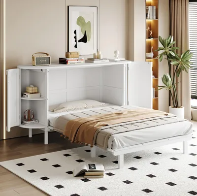 Produktbild von Flieks Klappbett Schrankbett Rattan, Wandklappbett Wandbett mit Staufächern und Lattenrost, Jugendbett Doppelbett, Weiß