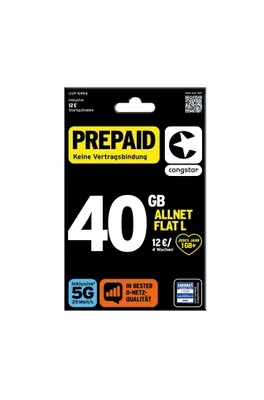 Produktbild von congstar Prepaid Allnet L: 40 GB Datenvolumen & Flatrate für Telefonie und SMS, 5G-Speed, EU-Roaming