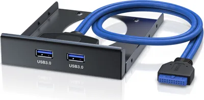 A black front panel with two USB 3.0 ports and a blue USB 3.0 cable attached, mounted in a black bracket.