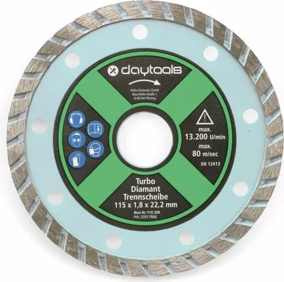 Produktbild von DAYTOOLS Diamant-Trennscheibe | mit Turborand | Ø 115 mm | Schnittbreite 2,4 mm | Loch-Ø 22,2 mm | max. 80 m/s | max. 13200 U/min | für exakte Schnitte