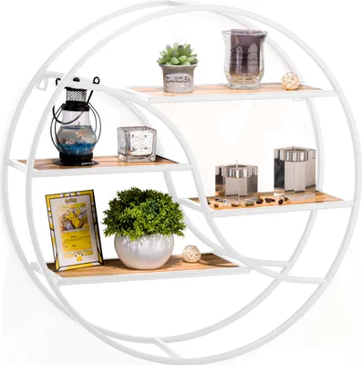Produktbild von Wandregal Weiß Metall - Hängeregal für Deko Wohnzimmer Modern 56x14cm | Schweberegal Rund zur Dekoration Schlafzimmer Küchenregal Zimmer Wanddeko