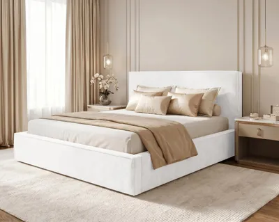 Produktbild von BESILIO Schlafzimmerbett 140x200 Zanzi - Metallrahmen, Bett mit Bettkasten, Zierkeder - Creme