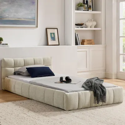 Obrázek produktu pro Jednolůžko 90*200 cm, dětská postel s hedvábně měkkým žinylkovým potahem, čtvercový prošívaný vzor, béžová (bez matrace)