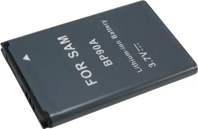 A close-up, angled view of a gray lithium-ion battery with black connectors.