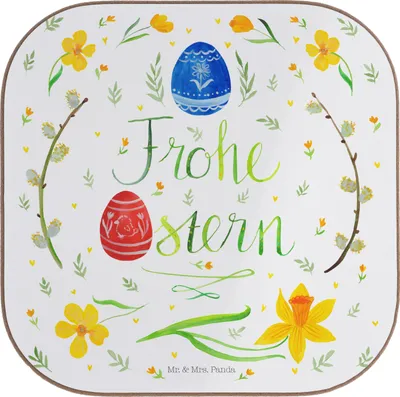Produktbild von Mr. & Mrs. Panda Untersetzer für Gläser Ostern Frohe Ostern - Weiß - Geschenk, Tassen, bieruntersetzer, Ostergrüße, Tischuntersetzer, Osterblume, Holzuntersetzer, Osterei