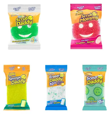 Zdjęcie produktu dla Kompletny zestaw Scrub Daddy Essentials, zawierający gąbkę Scrub Mommy i zestaw 5 sztuk