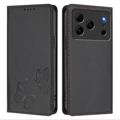 Produktbild von Lederhülle für Doogee Note 56 / Note 56 Pro, Schmetterling Prägung Leder Brieftasche Schutzhülle mit Ständer Schwarz