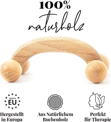 A wooden massage roller with text overlays providing product information.