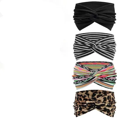 Produktbild von Haarbänder für Damen, 4er-Set breite Haarbänder im Boho-Stil mit Leopardenmuster, weiche Stirnbänder für Alltag, Sport, Make-up und Haarpflege