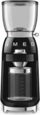 A black Smeg coffee grinder is shown against a white background.