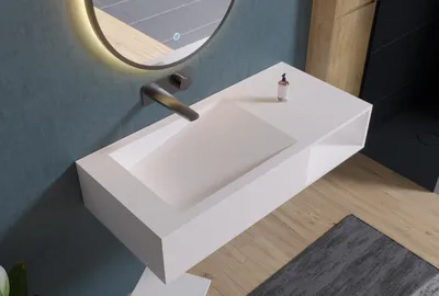 Produktbild von Wandwaschbecken PB2088 aus Mineralguss – 100 x 46 x 20 cm - Weiß matt - mit Ablagefach und Ablaufrinne