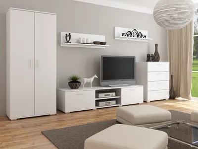 Obrázek produktu pro Obývací stěna California 2 Per La Vita White Modern Wardrobe, skříňka do obývacího pokoje s TV stolkem, příborníkem a nástěnnou policí, obývací pokoj