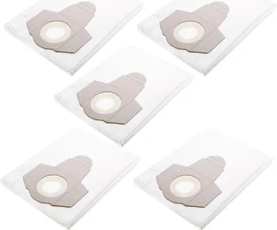A set of five industrial vacuum cleaner bags, neatly stacked and arranged on a white background.