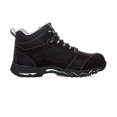 A black work boot with white and gray accents is shown against a white background.