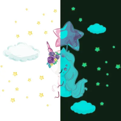 Produktbild von Leuchtsticker – FLIEGENDES EINHORN + 110 STERNE – Fluoreszierender Wand-/Deckensticker für Kinder – 160 x 120 cm