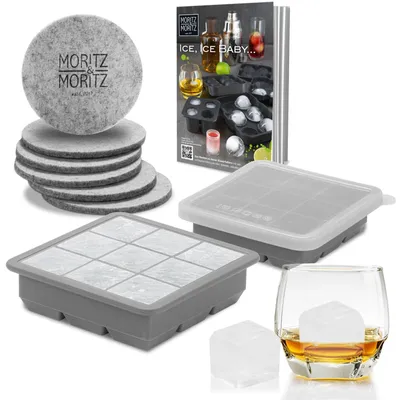 Produktbild von Moritz & Moritz Kitchen - Eiswürfelform Eckig 9 Stück mit Deckel 2er Set inklusive Untersetzer und Rezeptbuch