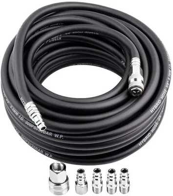 Zdjęcie produktu dla Wąż do sprężonego powietrza, 900 psi, 15 metrów - Wytrzymały wąż z kompletem akcesoriów - szybkozłączka - czarny, gumowy.