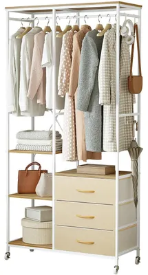Immagine prodotto di Appendiabiti su ruote con cassetti, ganci e ripiani regolabili, color beige