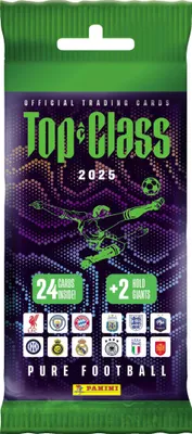 A product package for soccer trading cards, featuring a soccer player graphic and team logos.