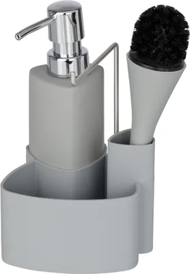 A dish soap dispenser and brush set with an organizer.