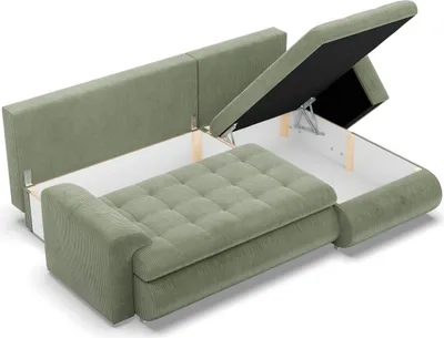 A green sectional sofa with storage compartments open, showing the interior.