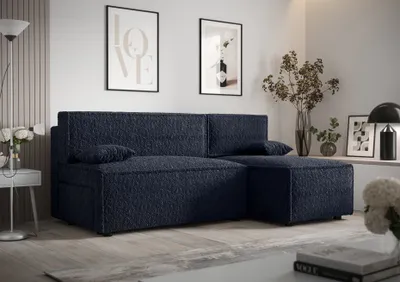 Produktbild von Ecksofa Alvito, Farbe: Dunkelblau. Material: Bouclé. A: B: 212 cm,H: 85 cm, T: 105 cm, Eckcouch, Schlafcouch, Sofa bed, Schlafsofa