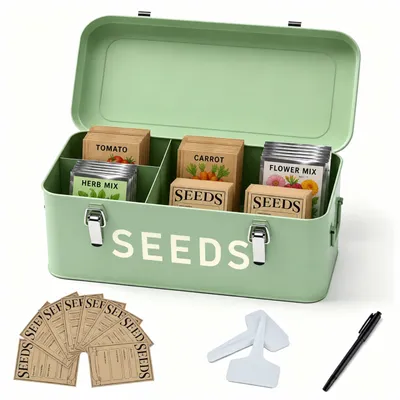 Imagen del producto de Relaxdays, caja metálica para guardar semillas, con 30 etiquetas para plantas y sobres para semillas, y un bolígrafo. Dimensiones: 13 x 33 x 18 cm. Contiene semillas de salvia, Imagen generada por IA