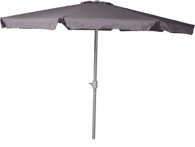 A gray patio umbrella is shown against a white background.