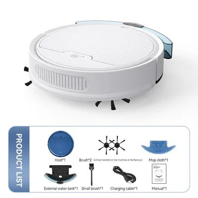 A white robot vacuum cleaner is shown from a slightly elevated angle, with a product list of its accessories displayed below. The product list includes the host unit, water tank, brushes, mop cloth, charging cable, and manual.