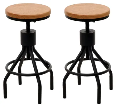 Produktbild von 2er-Set Barhocker, höhenverstellbar, drehbar, mit Fußablage, Industrial Metall, Massivholz - Natur