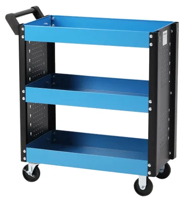 Produktbild von Wiltec Werkstattwagen mit 3 Etagen, 150 kg, 83x38x90 cm, Handgriff, Kunststoffreifen, Bremsen, Ablageflächen mit erhöhtem Rand, Werkzeugwagen, Rollwagen