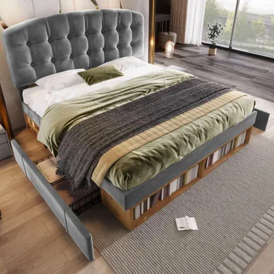 Produktbild von Polsterbett Samt mit Lattenrost und Stauraum, höhenverstellbares Kopfteil, Doppelbett mit Schubladen, Schlafzimmerbett ohne Matratze 140x190cm, Grau