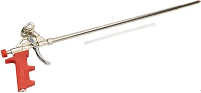 A foam dispensing gun with a long nozzle and a red handle is shown against a white background.