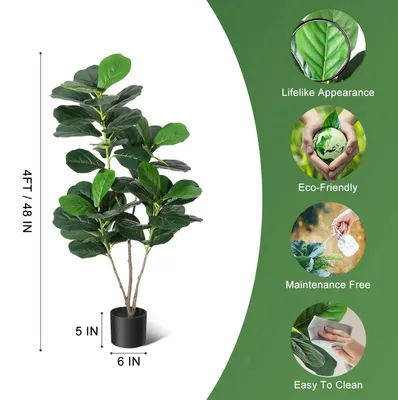 Zdjęcie produktu dla Sztuczny skrzydłokwiat – realistyczna roślina Ficus idealna jako roślina doniczkowa – wysokość 122 cm – gęste, zielone liście – czarna doniczka – dekoracja do wnętrz