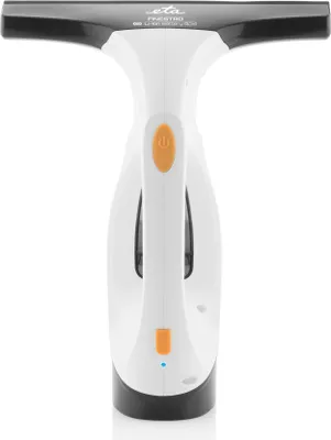 A white and black handheld window cleaner with an orange power button.