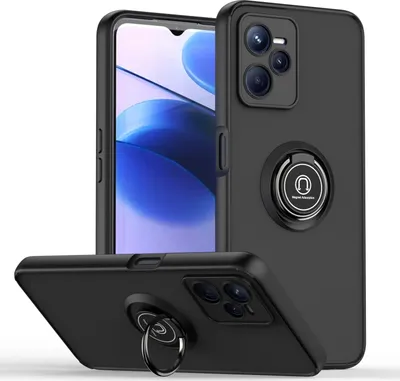 Three views of a black smartphone case with a ring holder, displayed against a white background.