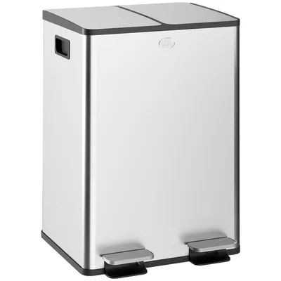 Image de HOMCOM Poubelle de cuisine double, 2 x 28L, poubelle à pédale en acier inoxydable, 2 couvercles à fermeture douce, seaux intérieurs amovibles et poignées anti-empreintes digitales 45,8x36x67,6cm