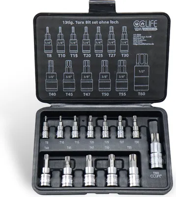 Produktbild von CCLIFE 13tlg Torx Bit Steckschlüsselsatz T8 -T60 bit set fur Drehmomentschlüssel und Bohrer,  S2 Legierungsstahl